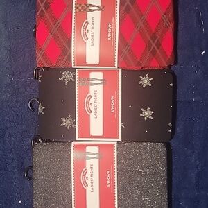 Holiday Time Ladies' Tights Trio - Glitter Gray, Snowflake Black, Plaid Red